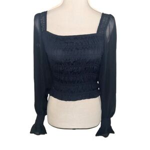 Express Black Smocked Cropped Bodice Sheer Bell Sleeve Blouse Size XS Neutral